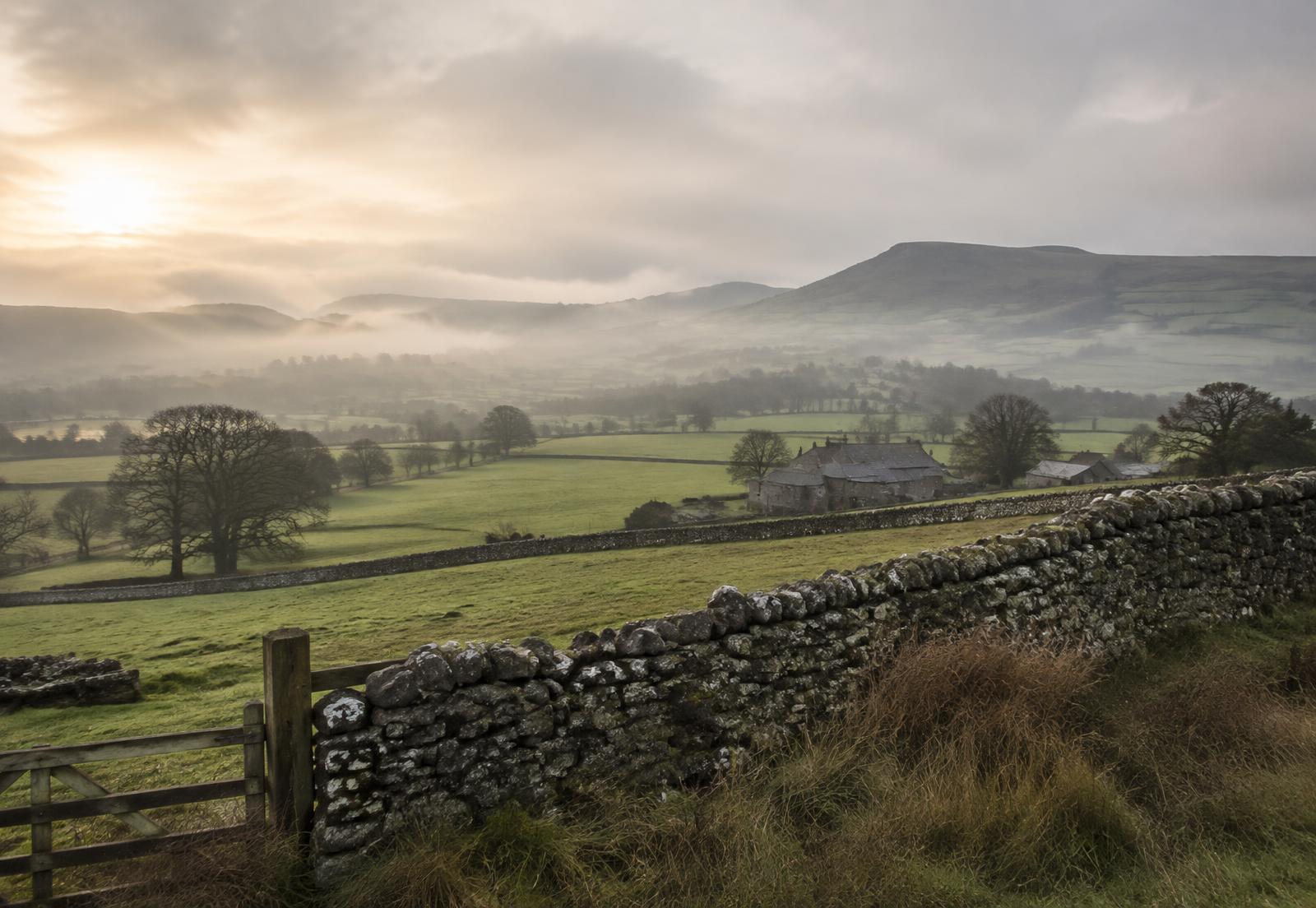 Misty Northern Irish countryside near Ballymena at sunrise