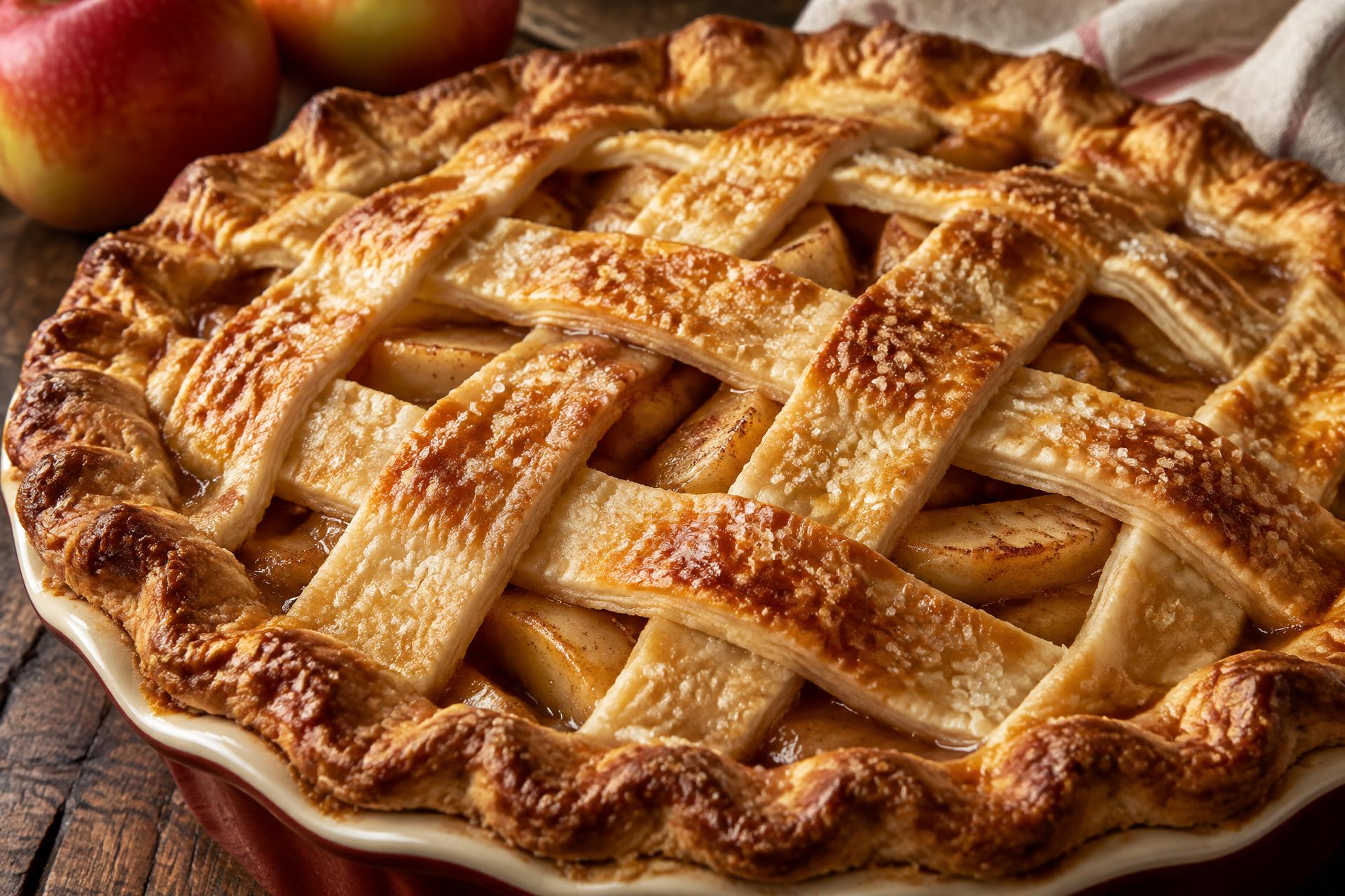 Freshly baked handmade apple pie with golden lattice pastry
