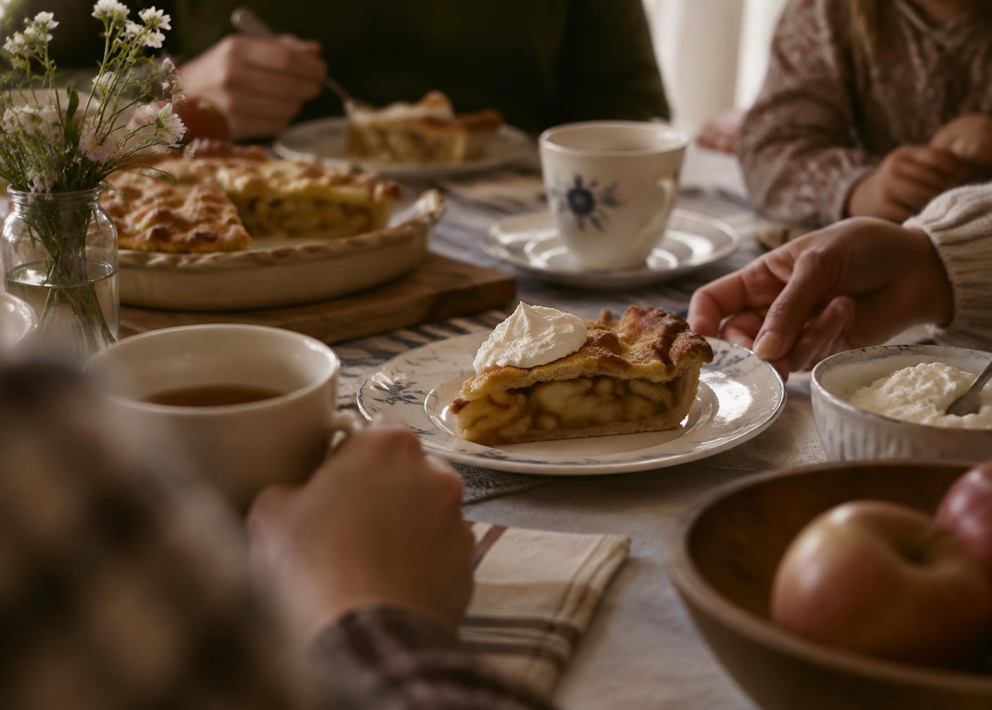 Family table set with apple pie, tea and cream in warm afternoon light
