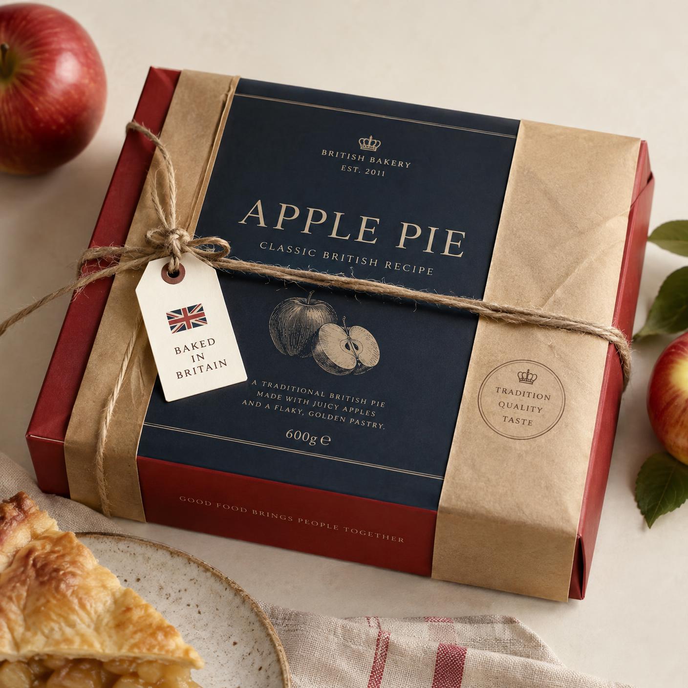 Navy and red apple pie box with kraft wrapping and a small flag label