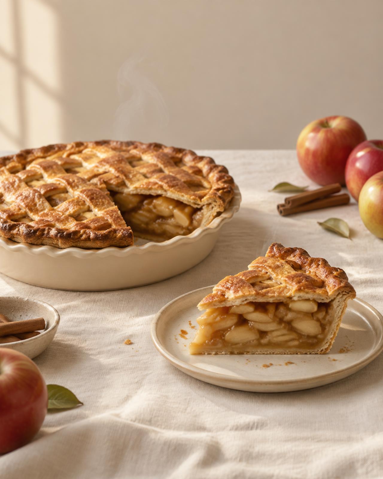 Whole apple pie beside a cut slice on a cream plate